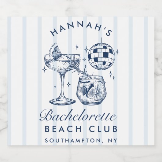 Retro Gray & Blue Streifen Bachelorette Sparkling Schaumweinetikett (Einzelnes Label)