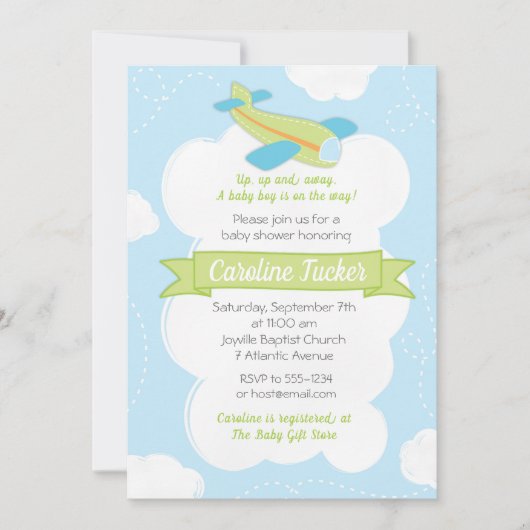 Retro Green Airplane Babydusche Einladung (Vorderseite)