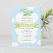 Retro Green Airplane Babydusche Einladung (Stehend Vorderseite)