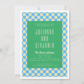 Retro Green and Blue Checkerboard Wedding Einladung (Vorderseite)