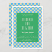 Retro Green and Blue Checkerboard Wedding Einladung (Vorne/Hinten)