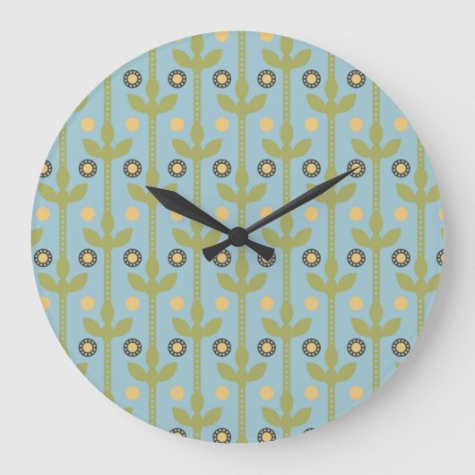 Retro Green and Blue Cute Folksy Floral Pattern Große Wanduhr (Vorderseite)