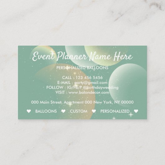 Retro Green Balloons Event Party Planer Visitenkarte (Rückseite)