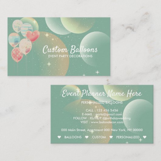Retro Green Balloons Event Party Planer Visitenkarte (Vorne/Hinten)