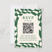Retro Green Checkerboard QR Code Hochzeit RSVP Karte (Vorderseite)