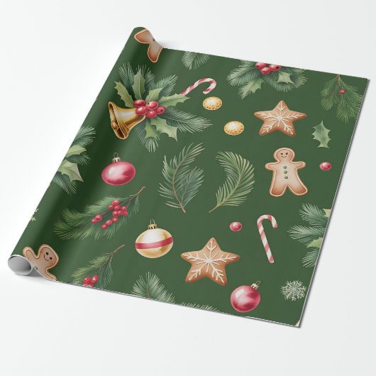 Retro Green Christmas Wrapping Pape Geschenkpapier (Ungerollt)