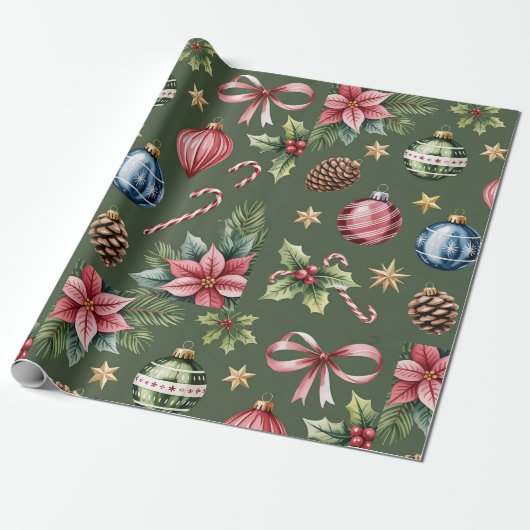 Retro Green Christmas Wrapping Paper Geschenkpapier (Ungerollt)