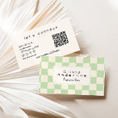 Retro Green Cream Wavy Checkered Boho QR Code Visitenkarte