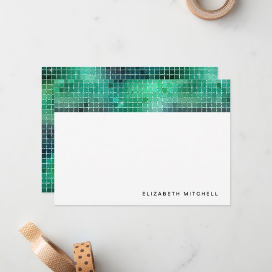 Retro Green Disco Ball Mirror | Monogramm Mitteilungskarte (Vorderseite/Rückseite Beispiel)