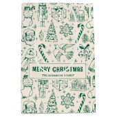 Retro Green Doodle Frohe Weihnachten Mittlere Geschenktüte (Vorderseite)