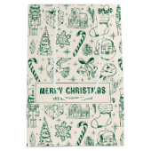 Retro Green Doodle Frohe Weihnachten Mittlere Geschenktüte (Rückseite)