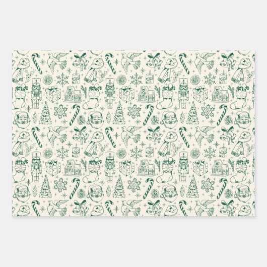 Retro Green Doodle Weihnachtswrapping Paper Geschenkpapier Set (Vorderseite)