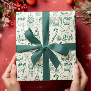 Retro Green Doodle Weihnachtswrapping Paper Geschenkpapier Set