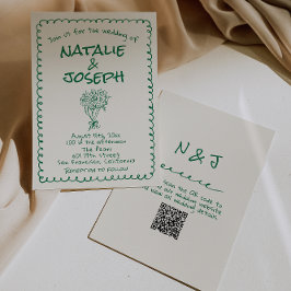 Retro Green Hand Drawn Quirky QR Code Hochzeit Einladung