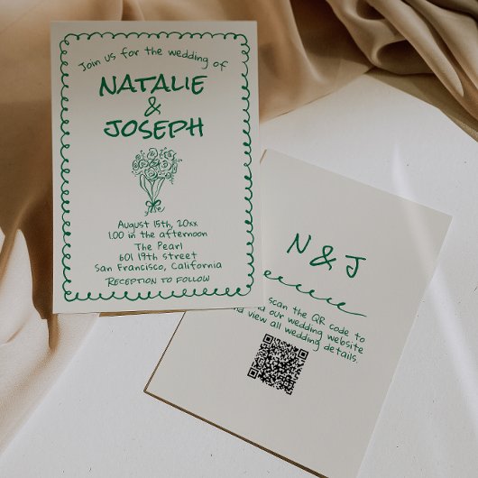 Retro Green Hand Drawn Quirky QR Code Hochzeit Einladung