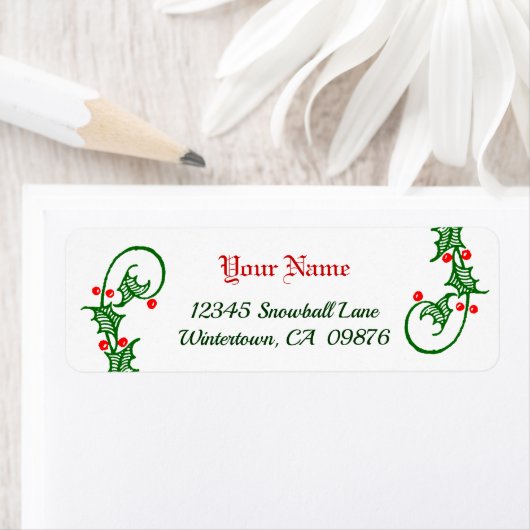 Retro Green Holly and Red Berries Editable Addres (Insitu)