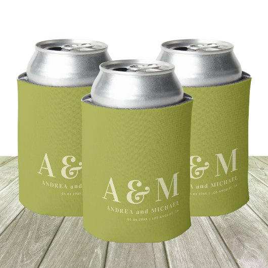 Retro Green & Ivory Monogram Wedding Can Cooler Dosenkühler
