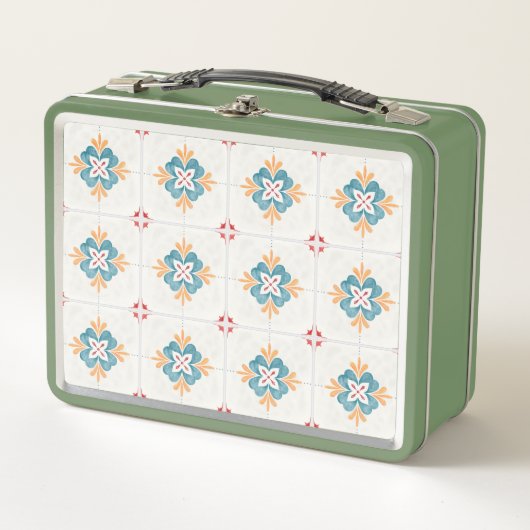 Retro green lunchbox with a floral tile pattern  (Vorderseite)