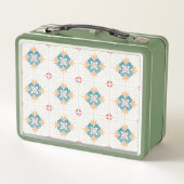Retro green lunchbox with a floral tile pattern  (Rückseite)