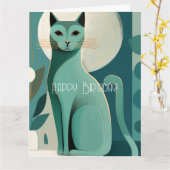 Retro Green Mid Century Cat Happy Birthday Card Karte (Gelbe Blume)