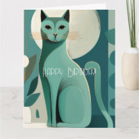 Retro Green Mid Century Cat Happy Birthday Card
