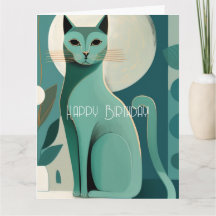 Retro Green Mid Century Cat Happy Birthday Card