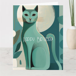 Retro Green Mid Century Cat Happy Birthday Card Karte