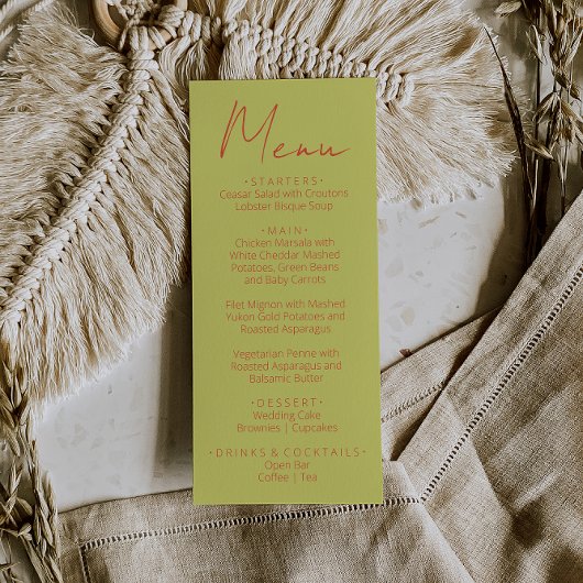 Retro Green Orange Hand Written Wedding Menu Menükarte