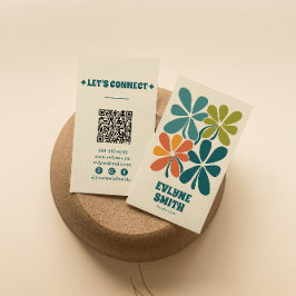 Retro Green Orange QR Code Boho Floral Unique Visitenkarte