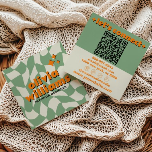 Retro Green Orange QR Code Groovy Checkered Boho Quadratische Visitenkarte