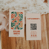 Retro Green Orange QR Code Groovy Floral Boho Visitenkarte