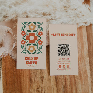 Retro Green Orange QR Code Groovy Floral Fun Boho Visitenkarte