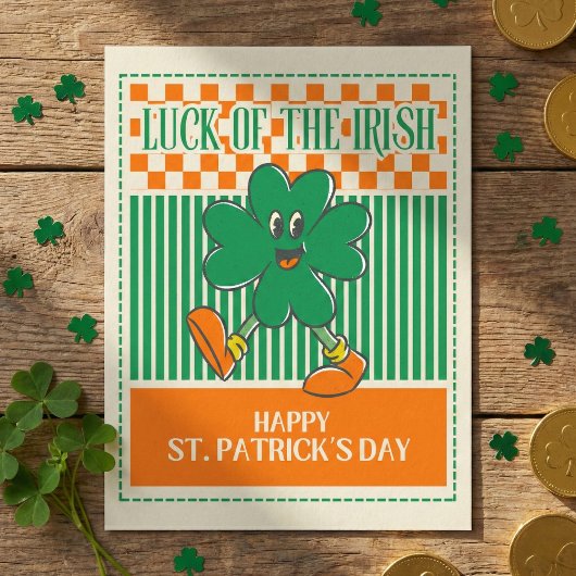 Retro Green Orange Walking Shamrock St Patrick Postkarte