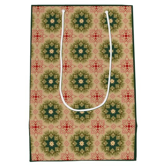 Retro Green Pine Red Lace Design Weihnachten Mittlere Geschenktüte (Rückseite)
