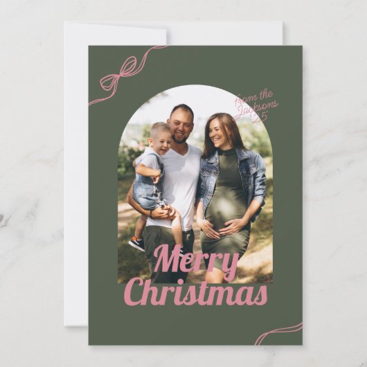 Retro Green & Pink Bow Arch Foto Weihnachten (Vorderseite)