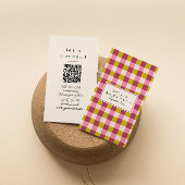 Retro Green Pink Checkered Gingham Girly QR Code Visitenkarte