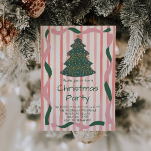 Retro Green Pink Hand Drawn Weihnachtsbaum Party Einladung