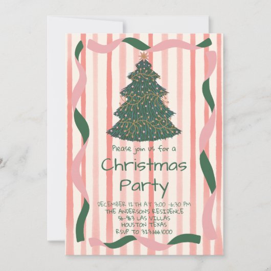 Retro Green Pink Hand Drawn Weihnachtsbaum Party Einladung (Vorderseite)