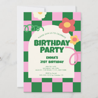 Retro Green Pink Schachbrett 21. Geburtstag Party Einladung