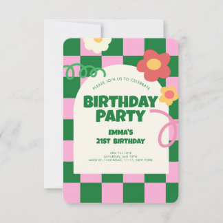 Retro Green Pink Schachbrett Muster Geburtstagspar Einladung