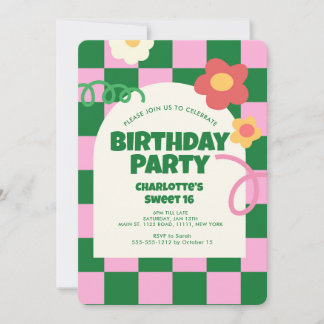 Retro Green Pink Schachbrett Sweet 16 Geburtstagsp Einladung