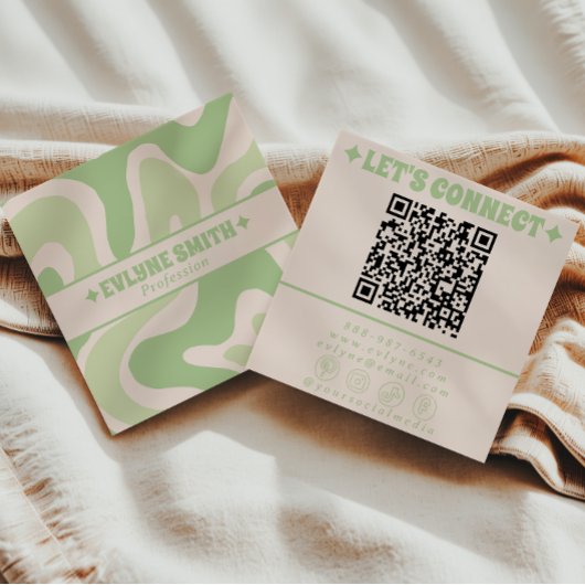 Retro Green QR Code 70s Boho Groovy Unique Trendy Quadratische Visitenkarte