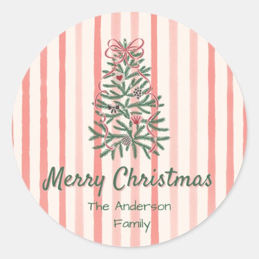 Retro Green Red Hand Drawn Ribbons Baumweihnachtsf Runder Aufkleber (Vorderseite)