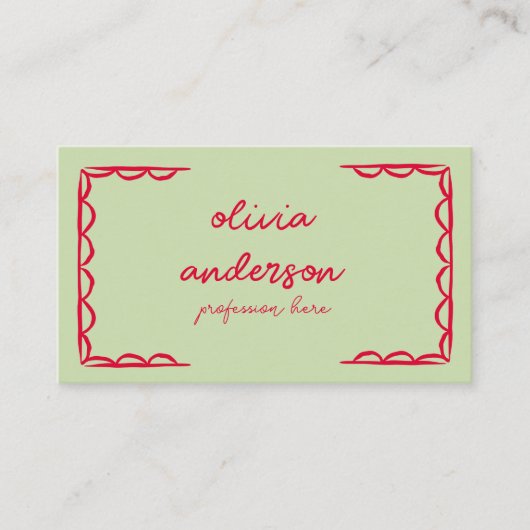 Retro Green Red Hand Gezeichnet Boho Girly Busi Visitenkarte (Vorderseite)