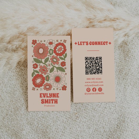 Retro Green Red QR Code Groovy Floral Funky Boho Visitenkarte