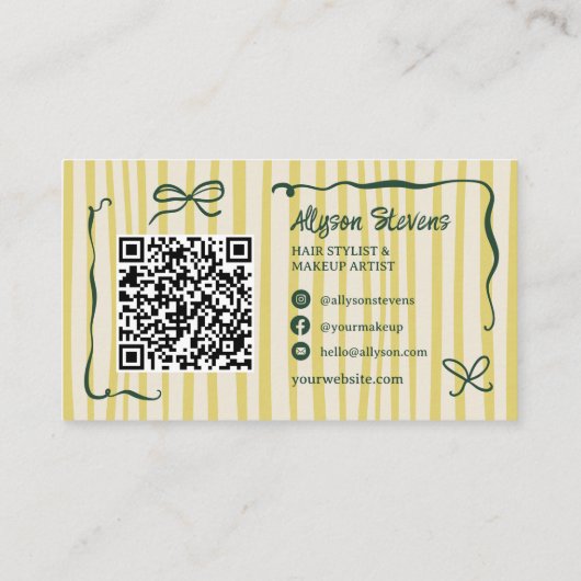 Retro Green Striped Quirky Hair photo qr code Logo Visitenkarte (Rückseite)