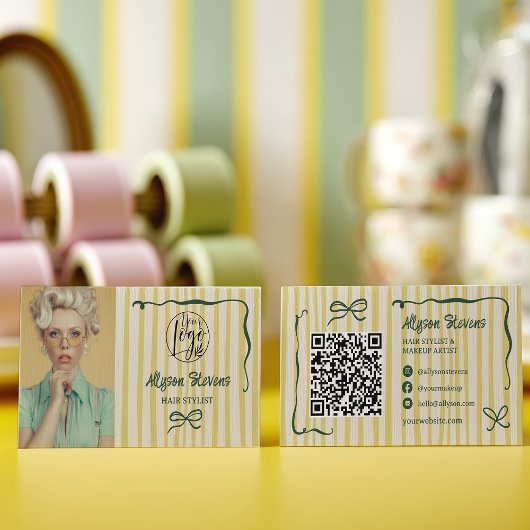 Retro Green Striped Quirky Hair photo qr code Logo Visitenkarte