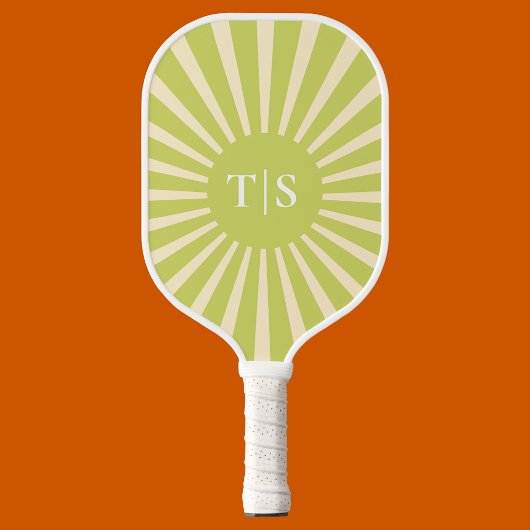Retro Green Sunburst Monogram Initials Pickleball Schläger