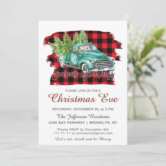 Retro Green Truck Buffalo Karierte Weihnachtsfeier Einladung (Stehend Vorderseite)