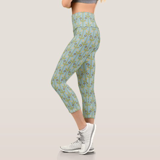 Retro Green und Blue Niedlich Folksfloral Muster Capri Leggings (Links)